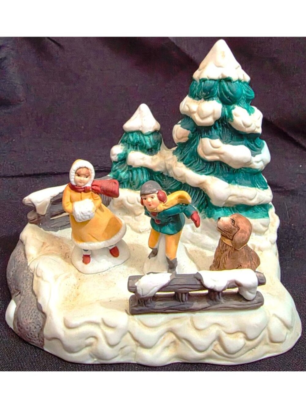 Christmas Village Dog Boy Girl playing by Trees winter snow scene figure Franks